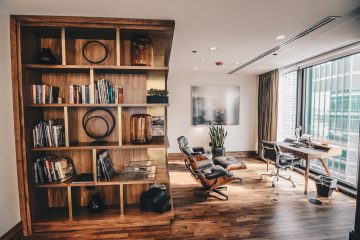 photo of a wooden bookshelf